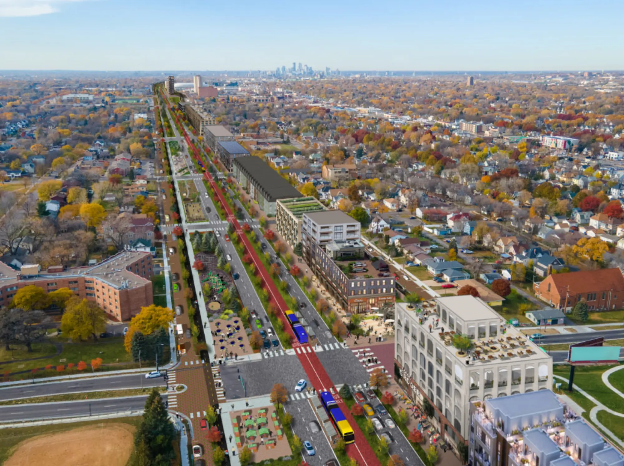 aerial view of city with artistic rendering of boulevard proposal